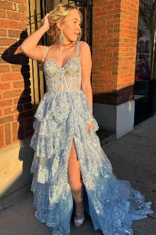 plus-size prom dresses2025 Long Light Blue Corset Lace Prom Gowns Tiered Tulle Formal Graduation Dress