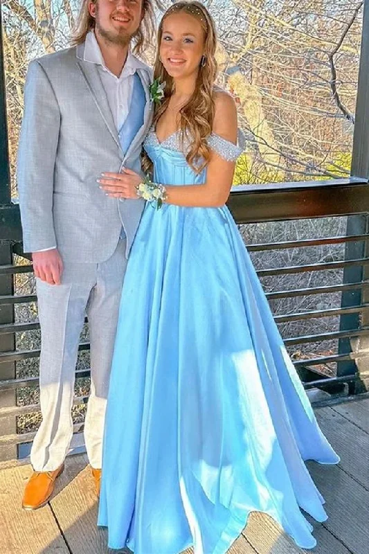 sparkly prom dressesLong Light Blue 2024 Prom Dresses Satin Off the Shoulder Beaded Formal Dresses