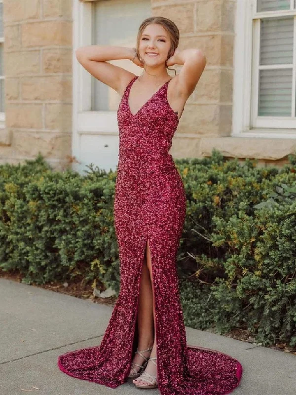 prom dresses for apple shapesLong Mermaid V Neck Burgundy Sequin Prom Dresses 2024 Sleeveless