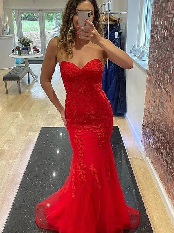 prom dresses for winter2025 Long Red Lace Prom Dresses Strapless Sweetheart Mermaid UK Formal Dress