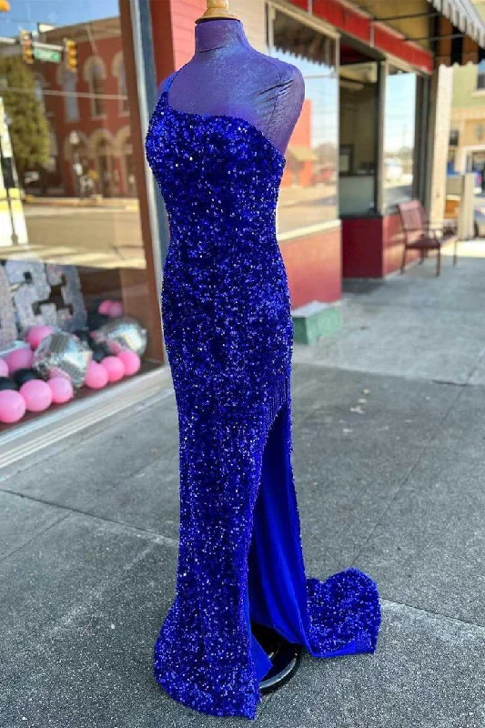 vintage prom dressesLong Sequin Prom Dress 2024 Royal Blue Formal Dresses One-Shoulder