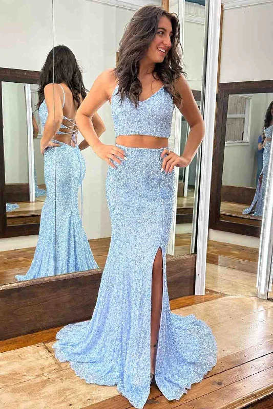 sequined prom dressesSequins 2 Piece Prom Dress Light Blue 2025 Long V Neck Mermaid Lace-Up Slit