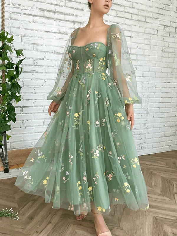 pastel prom dressesLong Sleeves Light Green Embroidered Tulle Prom Dress Corset