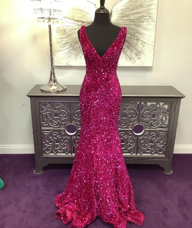 short prom dressesLong V Neck Fuchsia Prom Dress 2025 Magenta Sequin Mermaid Formal Dresses