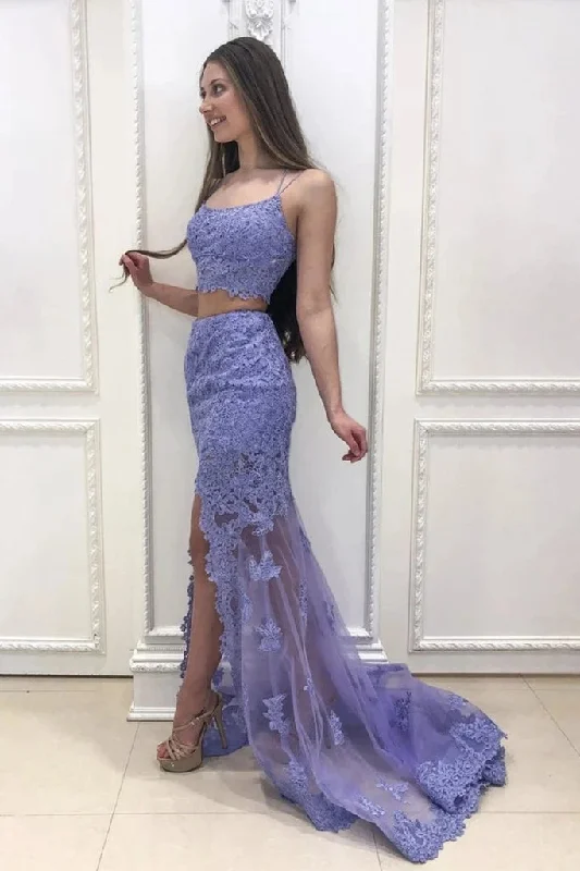 prom dress try-on ideasMermaid 2 Piece Prom Dresses Lace Long Evenig Dresses with Split