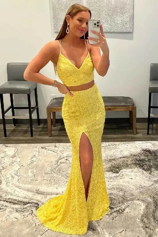 prom dress fitting adviceMermaid 2 piece Sequins Prom Dress Yellow Sweetheart with Split