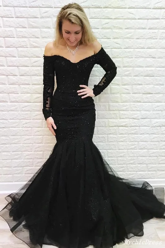 petite prom dressesMermaid Beaded Prom Dresses Black Lace Long Sleeves Formal Dress Off Shoulder