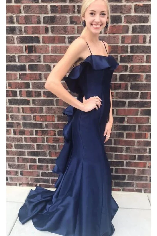 backless prom dressesNavy Blue Satin Prom Dresses With Ruffles Spaghetti Straps Long Formal Gown