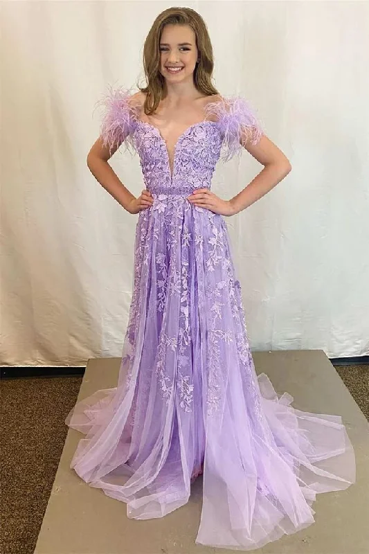 prom dress accessoriesOff Shoulder Purple Lace Prom Dresses Long V Neck Formal Dress with Feathers