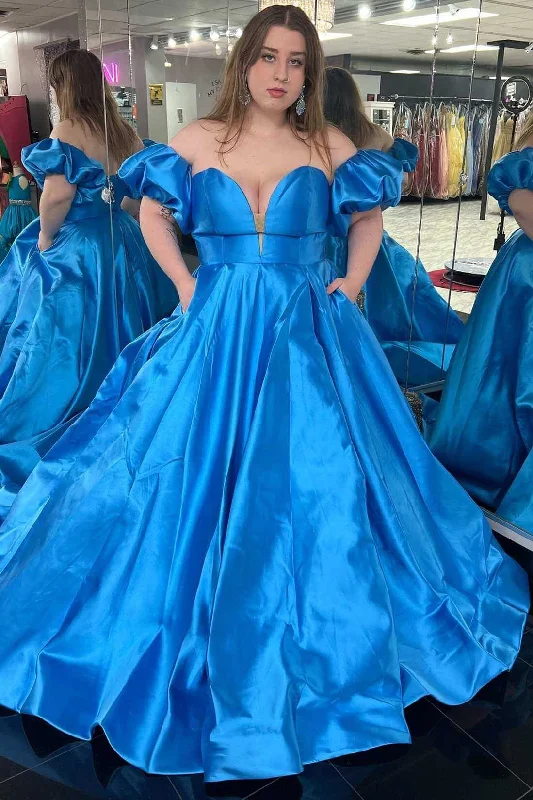 prom dresses for plus-size figuresOff Shoulder Satin Plus Size Prom Dresses Royal Blue Formal Dress with Bubble Sleeves