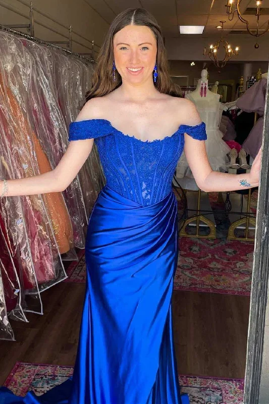 prom dresses with sequin detailingOff the Shoulder Lace Bone Royal Blue Prom Dresses UK with Ruffles