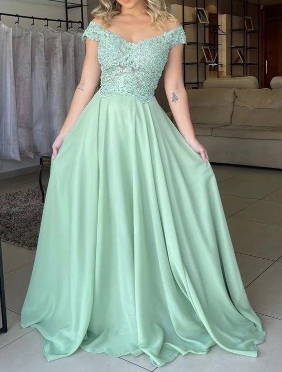 prom dresses with detachable sleevesOff the Shoulder Lace Sage Green Prom Dresses Long Chiffon Formal Dress