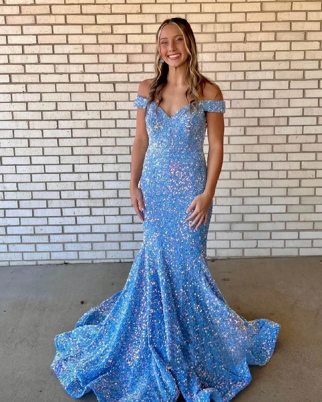 satin prom dressesOff the Shoulder Light Blue Prom Dresses Sequin Mermaid Long Formal Dress