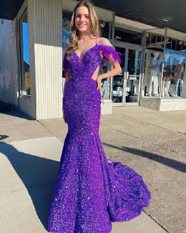 maxi prom dressesOff the Shoulder Long Iridescent Sequins Purple Prom Dresses with Feather