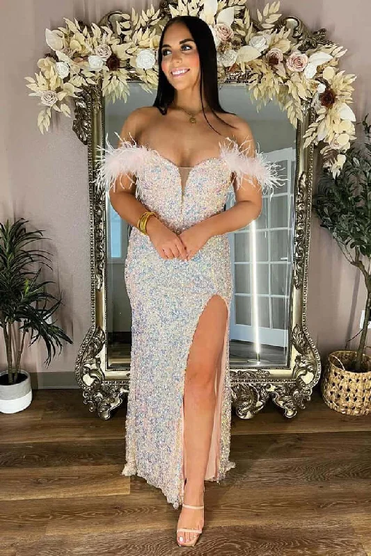 prom dresses for fallOff the Shoulder Plus Size Prom Dresses Iridescent Sequin Feathers with Slit