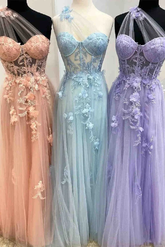 empire waist prom dressesOne Shoulder Flowers Lace Prom Dresses Applique Sweetheart with Split