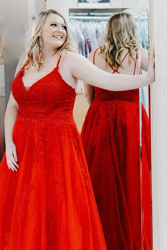 affordable prom dressesPlus Size Red Lace Prom Dresses 2024 Sleeveless Long with Applique