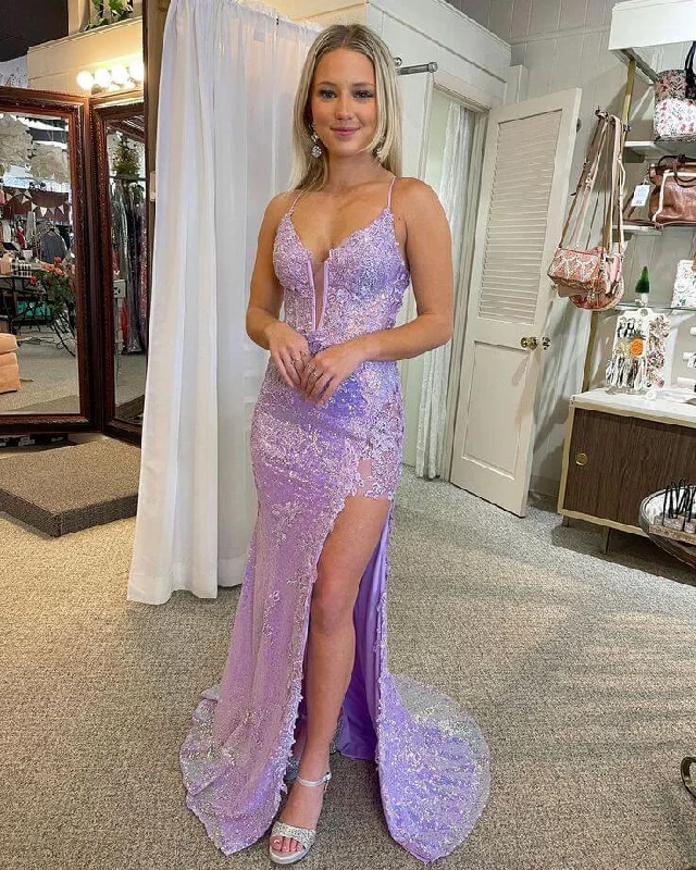 prom dresses for hourglass figuresPretty Mermaid Lavender Sequins V Neck Prom Dresses Lace With Applique