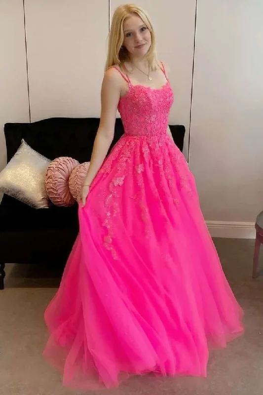 prom dresses with floral embroideryPrincess Hot Pink Prom Dresses 2024 Appliqués Backless Long Formal Dress