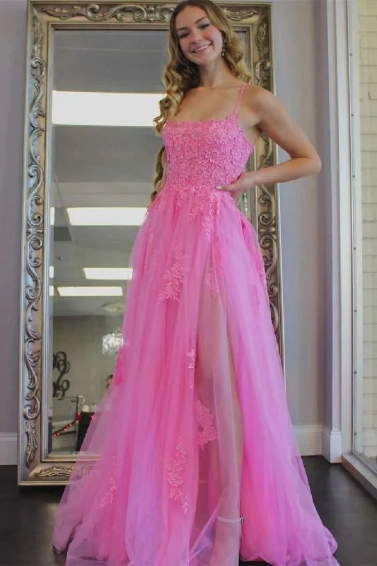 prom dresses with trainsPrincess Hot Pink Prom Dresses Lace Tulle Formal Dress Appliqued with Slit