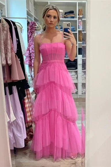 prom dresses with detachable sleevesPrincess Long Hot Pink Prom Dresses Ruffle 2024 Tiered Formal Dress Spaghetti Straps