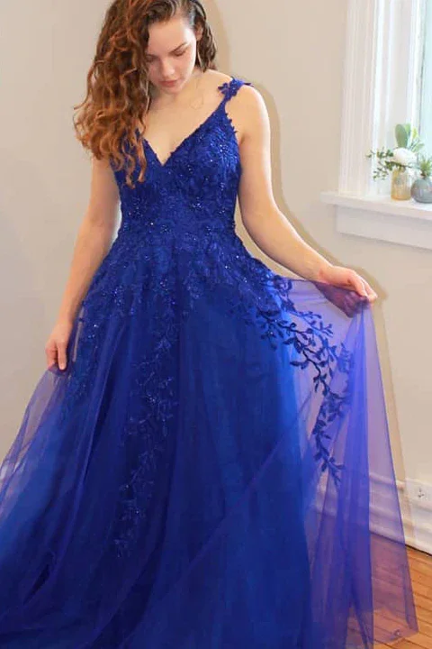 lace prom dresses2025 Princess Long V Neck Dark Blue Prom Dress Lace Appliques Formal Gowns