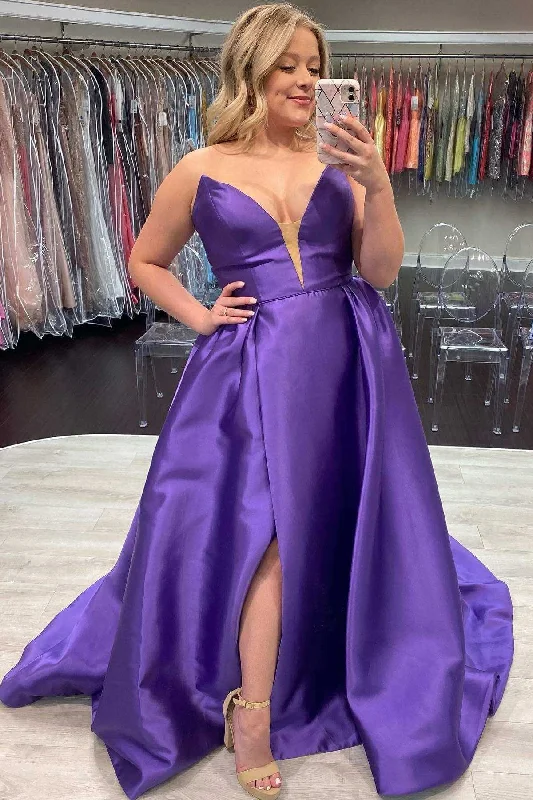 prom dresses with floral embroideryPurple Plus Size Prom Dresses Satin V Neck Sleeveless Formal Dress with Split