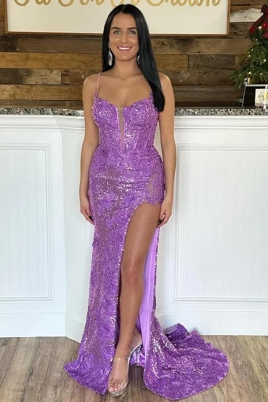 prom dresses with trainsViolet Purple Sequins Prom Dresses Mermaid Lace Long Formal Dress Spaghetti Straps