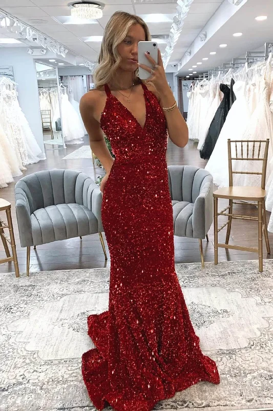 classic prom dressesRed Mermaid Formal Dresses Sequins V Neck Long Prom Dresses 2024