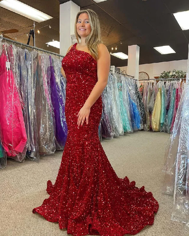 prom dress preservationRed Plus Size Sequin Iridescent Prom Dresses One Shoulder Long Formal Dress Mermaid