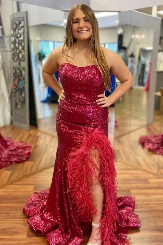 prom dress try-on ideasRed Plus Size Sequin Long Prom Dresses Mermaid Strapless Slit with Feather