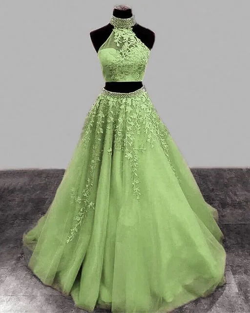 high-slit prom dressesSage Green Prom Dresses Two Piece Lace Embroidery Beaded Halter Formal Dress