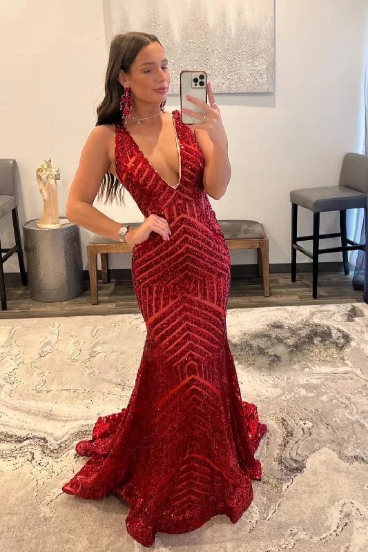 prom dresses with built-in petticoatsSequin Prom Dresses Red 2024 Deep V Neck Mermaid Formal Dresses Long UK