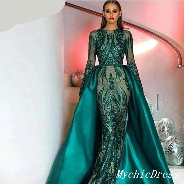 two-piece prom dressesSexy Emerald Green Lace Prom Dresses Long Sleeves with Detachable Train