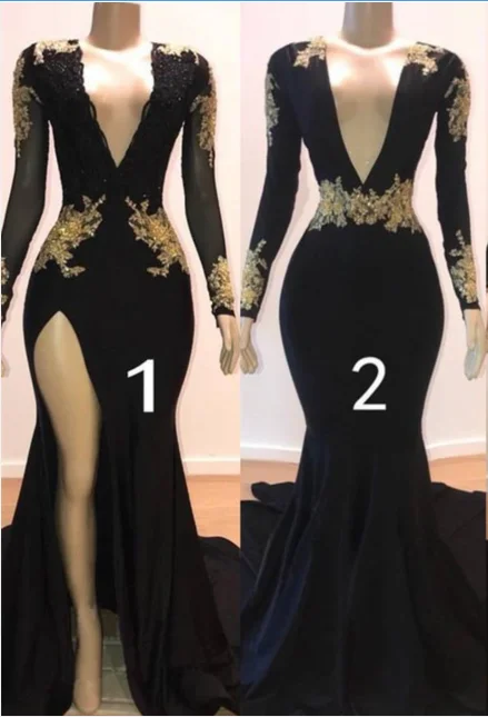 lace prom dressesSexy Long Sleeve Black Gold Prom Dresses 2024 V Neck Appliques Formal Dress