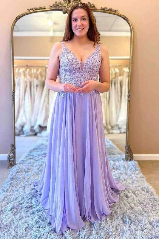 prom dresses for pear shapesSheath Lace Long Prom Dresses Lavender Chiffon Formal Dress with Appliques