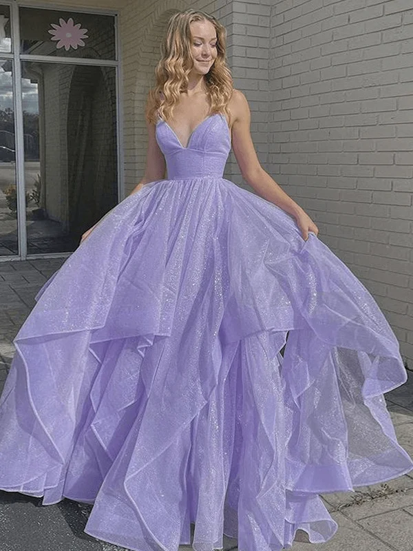 affordable prom dressesShiny Princess Purple Prom Dresses 2024 Ruffles V-neck Sleeveless Formal Dresses