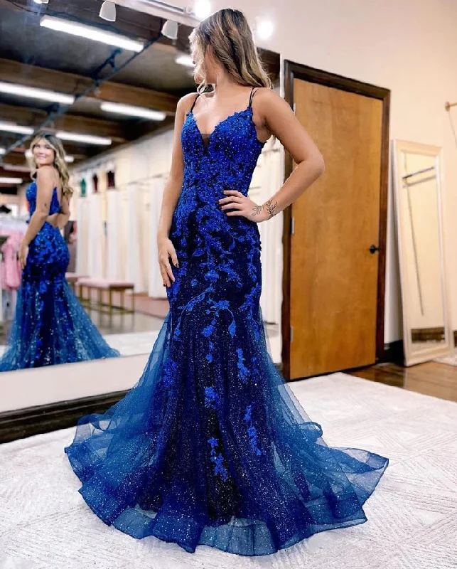 luxury prom dressesShiny Royal Blue Tulle Prom Dresses V Neck Mermaid Graduation Dress with Appliques