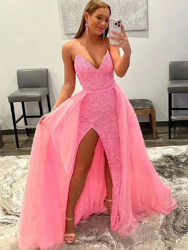 prom dresses for fallShiny V Neck Sequins Hot Pink Prom Dresses 2024 Long Mermaid High Slit with Train