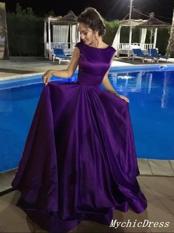 off-shoulder prom dressesSimple A Line Purple Prom Dresses Satin Cap Sleeves Long Eveing Dresses