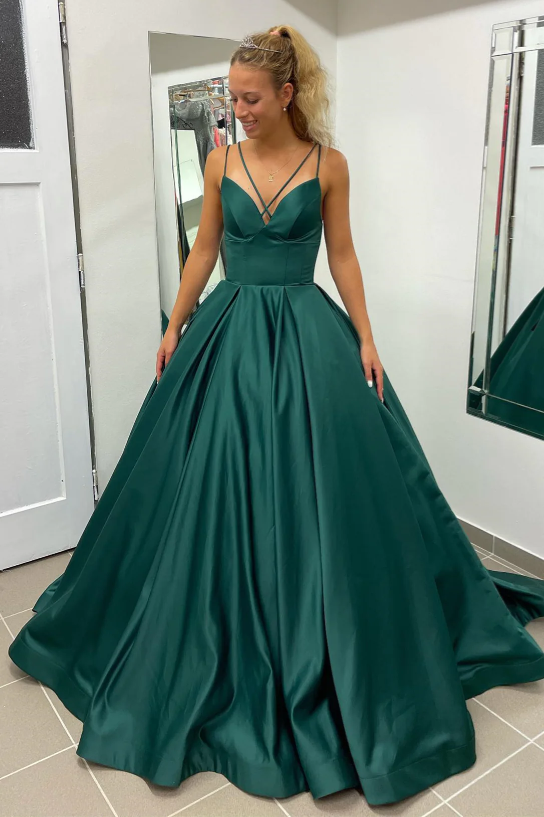 prom dresses for winterSimple Emerald Green Satin Prom Dresses A Line Double Straps