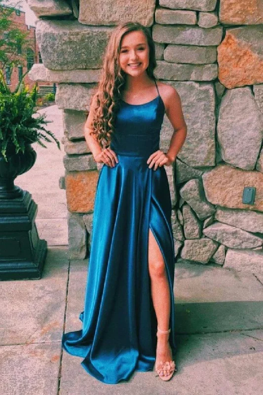 halter prom dressesSimple Emerald Prom Dresses Green Satin Formal Dress Long with split