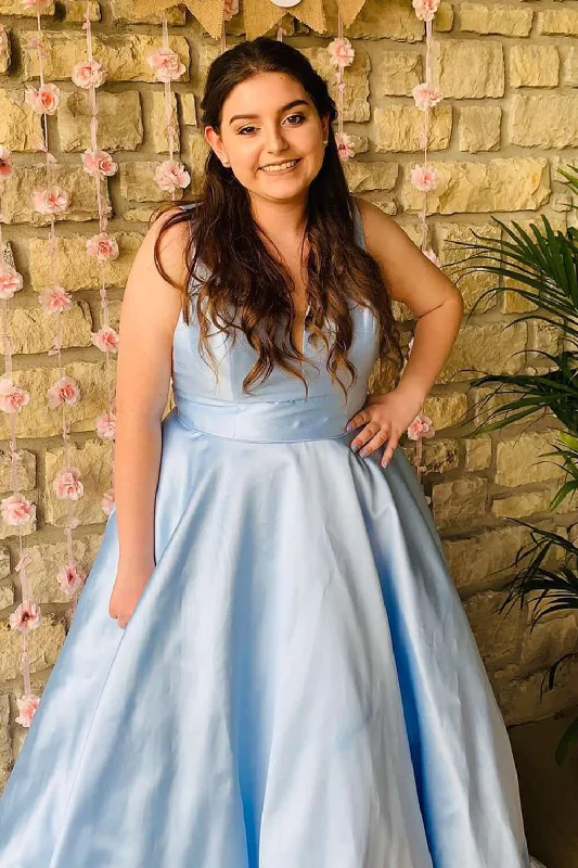 budget-friendly prom dressesSimple Light Blue Plus Size Prom Dresses 2024 Satin Long Deep V Neck Formal Dress