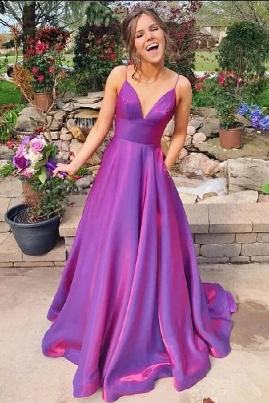 open-back prom dressesSimple Purple Prom Dresses Satin V Neck Spaghetti Straps Formal Dress