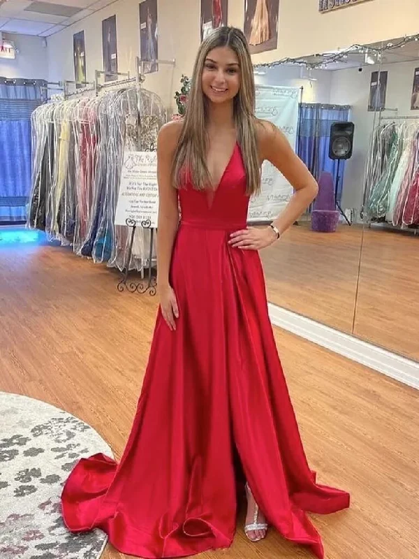 prom dresses with illusion panelsSimple Red Satin Prom Dresses V Neck Backless Long Formal Dress with High Slit