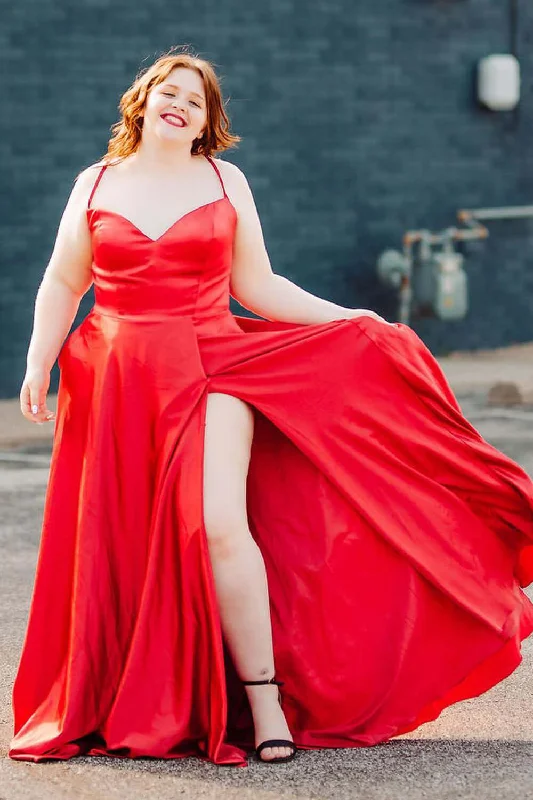 fitted prom dressesSimple Satin Plus Size Red Prom Dresses UK Long Spaghetti Straps with Pockets