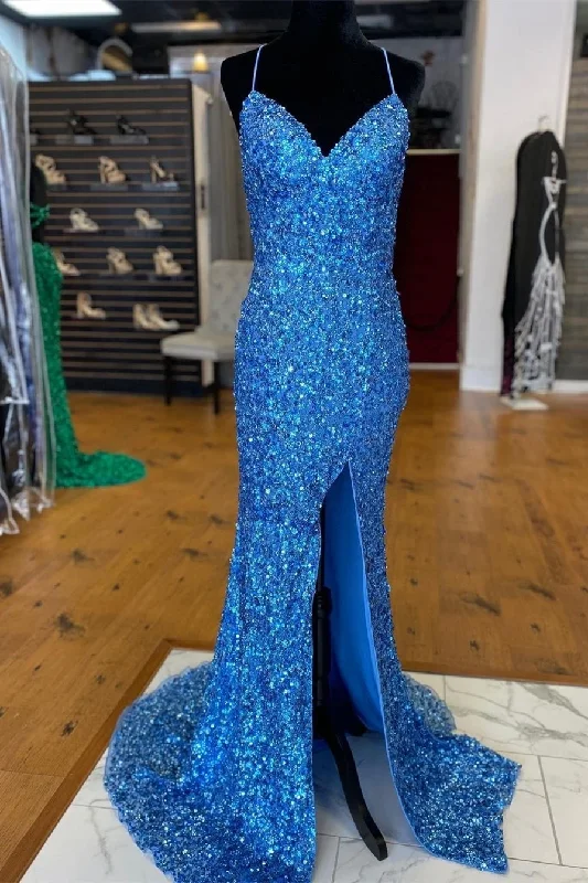 satin prom dressesSparkle Blue Sequin 2024 Prom Dresses Iridescent Mermaid Long Formal Dresses Side Slit