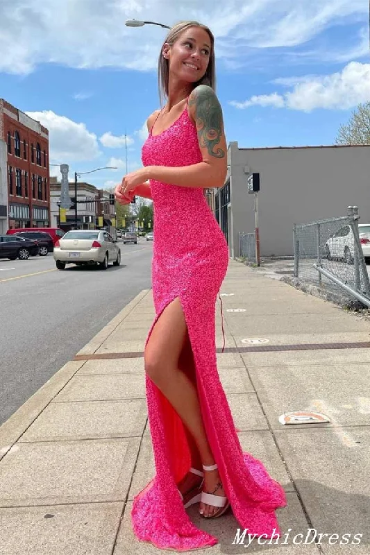 prom dresses with lace appliquésSparkling Hot Pink Sequin Prom Dresses Spaghetti Straps with Slit