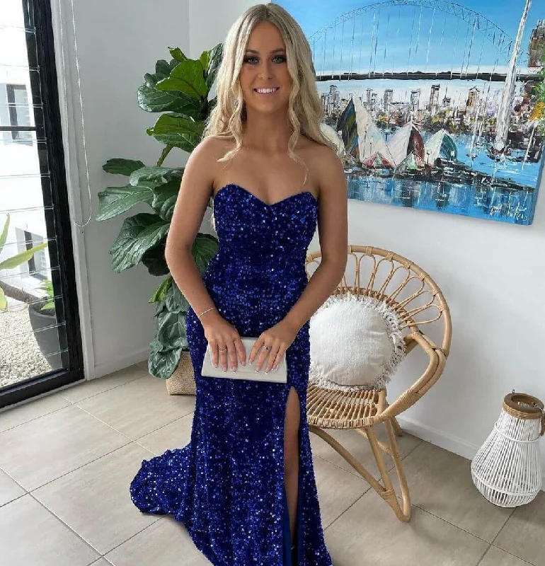 lace prom dressesSparkly Long Royal Blue Prom Dresses Sequins Sleeveless Formal Gowns Cheap