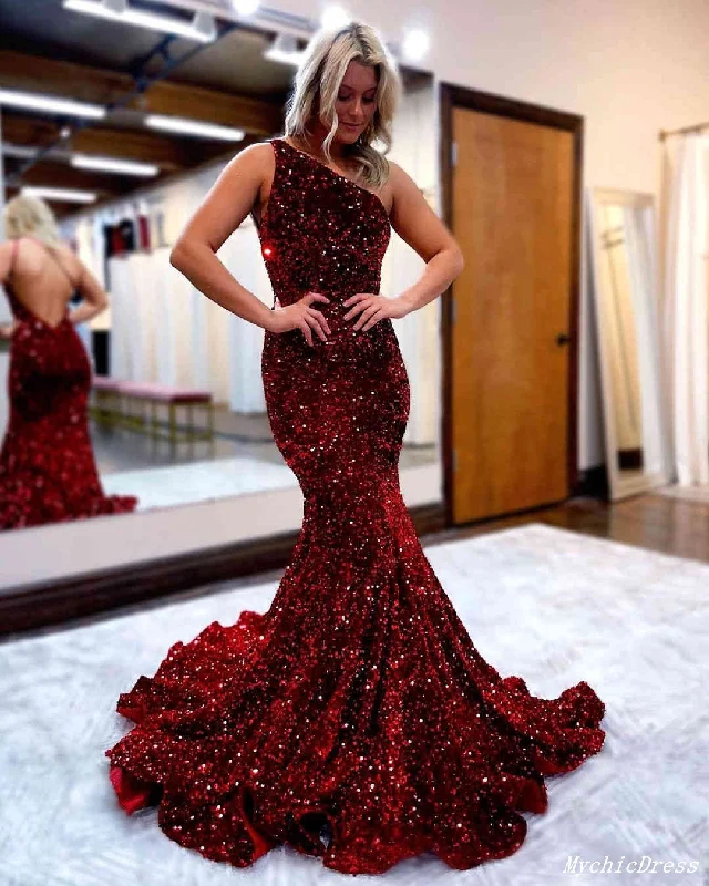 prom dresses for pear shapesSparkly Mermaid One Shoulder Sequin Burgundy Prom Dresses 2025